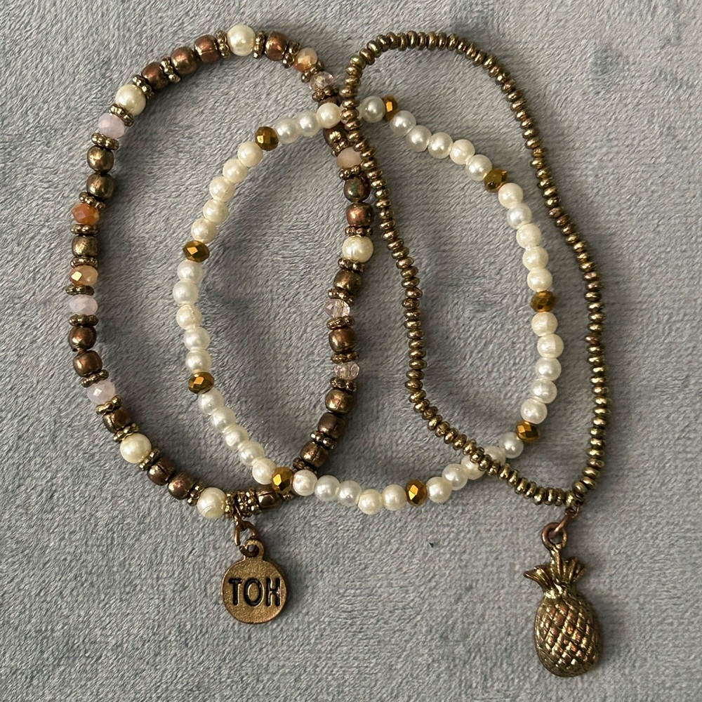 Set of Three beaded bracelets. Pineapple charm. Hand stamped charm.